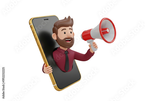 cartoon man with megaphone emerging from smartphone isolated on transparent background
