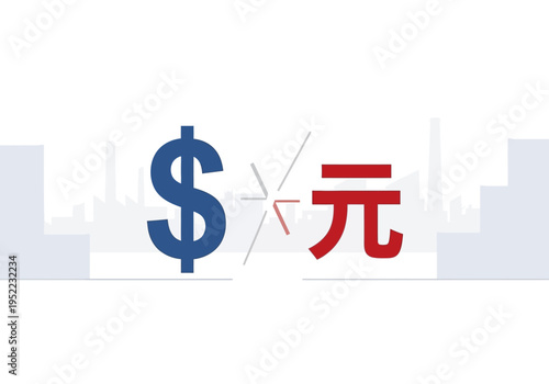 US Dollar Versus Chinese Yuan Exchange Rate With Abstract Cityscape Background