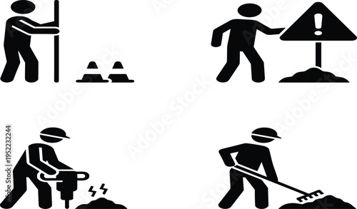 Construction workers pictograms set featuring manual labor with jackhammer rake and safety signs for road maintenance utility repair and industrial work site illustrations.