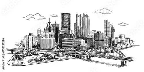 Pittsburgh Skyline Vector, Detailed Pen and Ink Sketch of Point State Park with Fountain and Fort Pitt Bridge. Black and White Urban Landscape Illustration with Skyscrapers on White