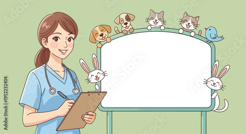 Friendly female veterinarian with pets and blank white board