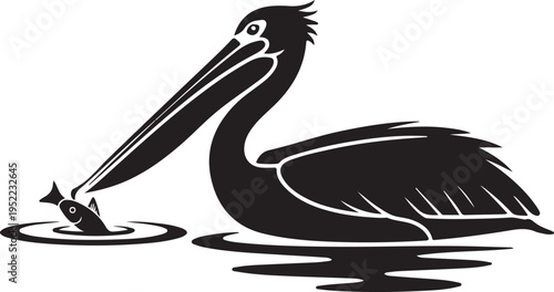 Pelican Catching Fish in Water Illustration. Bird Hunting Food Design