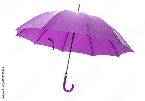 Purple open umbrella with water droplets isolated on transparent background for rain protection and weather concepts or photography props