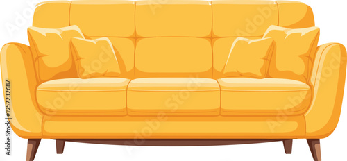 Modern Yellow Sofa with Cushions Isolated on Transparent Background, Comfortable Living Room Furniture Design for Interior Decor, Home Seating, Lounge, and Apartment Illustration