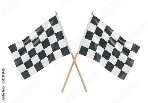 Two checkered flags on poles, used to signify start or finish of race, crossing each other isolated on transparent background, for motorsport concept