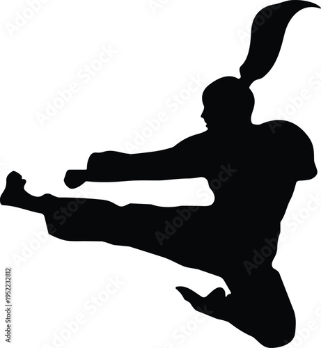 Martial arts fighter silhouette, karate jump kick, taekwondo action pose, athlete training strength, combat sport movement, cad drawing flat vector illustration