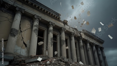 Abandoned government building with papers flying away