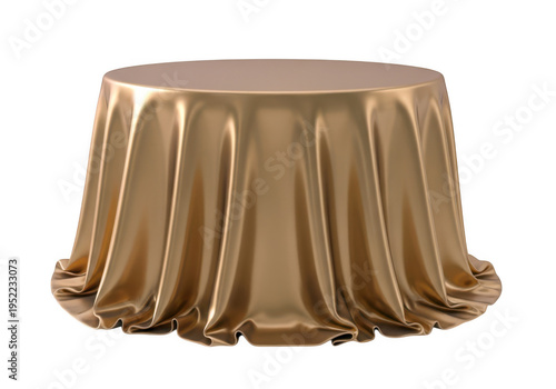 Round golden table covered with elegant satin cloth, draped fabric forming soft folds, luxury display stand for products