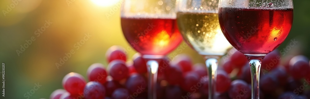 Obraz premium Three wine glasses with red white rose wine stand on table with grapes. Sunset light illuminates beverage in vineyard setting. Refreshing drinks for tasting.