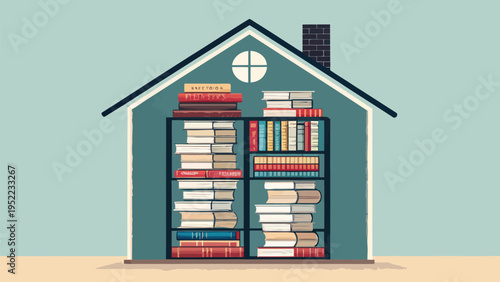 A vector graphic illustration of a house with bookshelves on either side of the door, filled with colorful books.