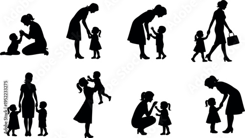 Mother and children silhouette set showing parenting care love bonding daily life interaction walking playing teaching vector illustration collection isolated on white background