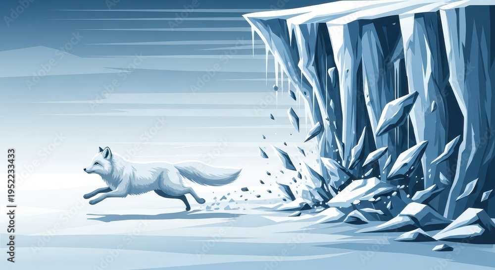 Obraz premium White canid sprints away from a collapsing icy cliff face in a frozen landscape