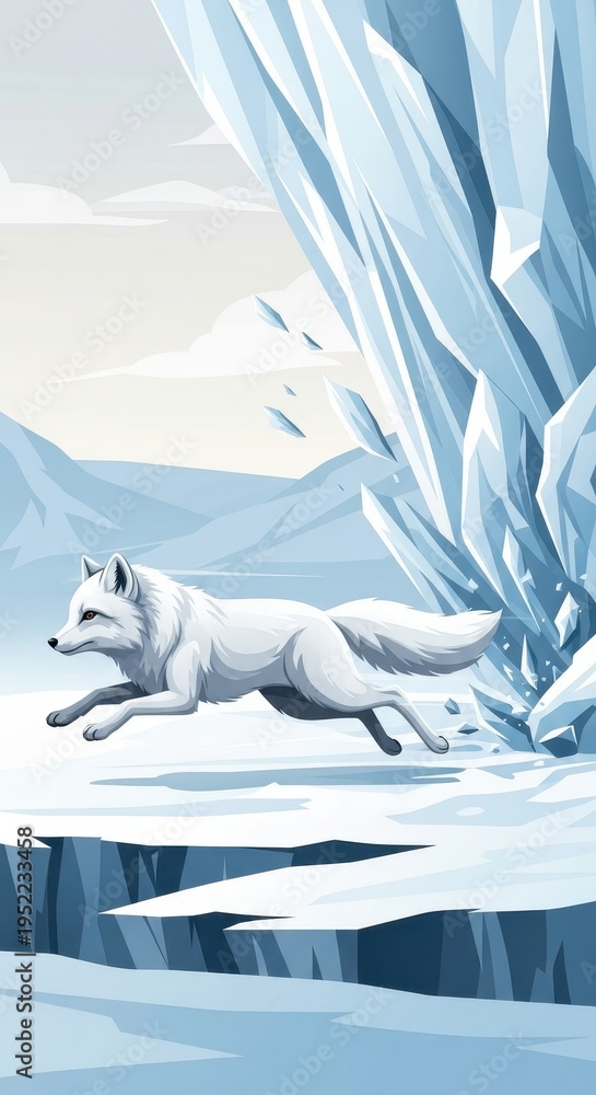 Naklejka premium White fox leaps across icy chasm in a frozen arctic landscape