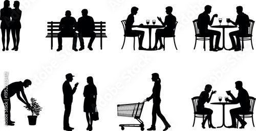 People lifestyle silhouette collection showing social interactions, couples, friends dining, shopping, communication, daily activities and urban life scenes isolated on white background