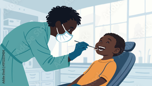 A dentist examines a young boy's teeth in a modern dental clinic
