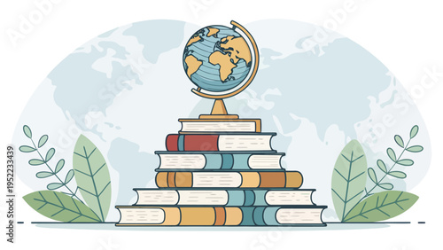 A colorful illustration of a globe sitting on top of a stack of books with leaves and a world map in the background