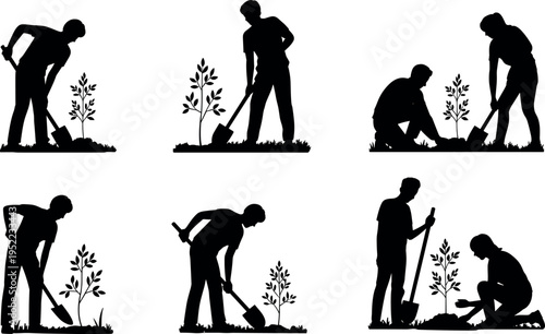 People planting young tree silhouettes using shovel in outdoor garden environment isolated on light background, environmental conservation and volunteer gardening activity vector illustration set