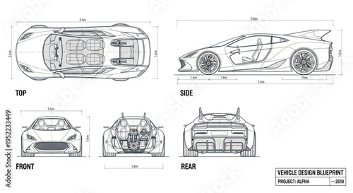 Sports Car Design Blueprint Technical Drawings.