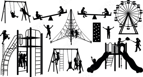 Playground equipment silhouettes set with kids on swing slide seesaw climbing frame ferris wheel amusement park activity vector illustration isolated on white background