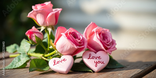 Three pink roses and two heart shaped ornaments with love you text on a wooden surface