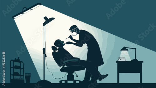 A dentist in a medical setting examining a patient's teeth with a dental tool under a bright light