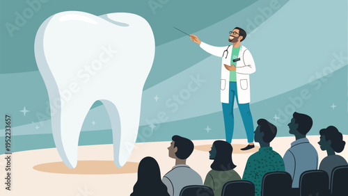 A dentist in a white coat gives a presentation about a large tooth to an audience in a conference setting.