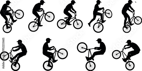 Set of BMX rider silhouettes performing freestyle tricks and wheelie stunts isolated on light background, extreme cycling sport and urban activity themed black vector illustration
