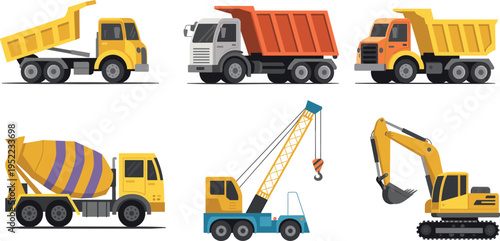 Set of construction transport vehicles including dump trucks, cement mixer, mobile crane and tracked excavator isolated on light background, heavy industrial machinery vector illustration