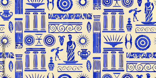 Ancient greek key patterns with pottery figures and architectural elements