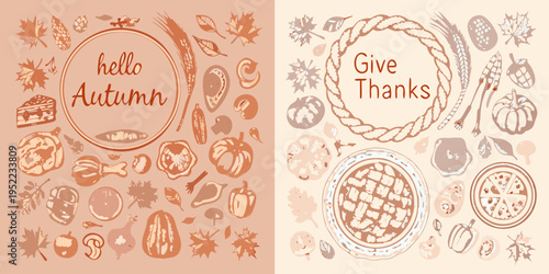 Autumn and thanksgiving themed illustrations with fall harvest elements