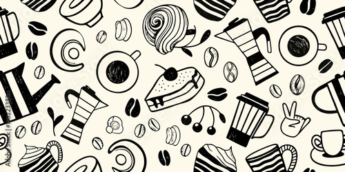 A seamless pattern of coffee beans cups and sweet treats