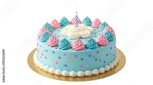 Delicious birthday cake with candle and pink blue frosting on black background festive celebration