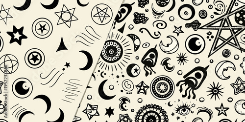 Mystical celestial patterns with stars moons and esoteric symbols