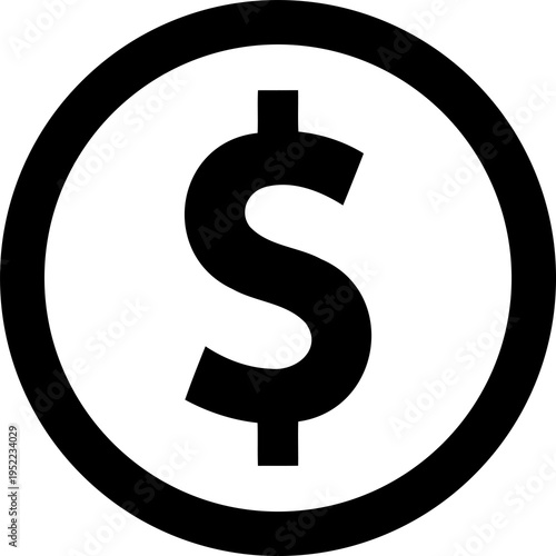 Black dollar sign inside circle, currency symbol, finance icon on transparent background