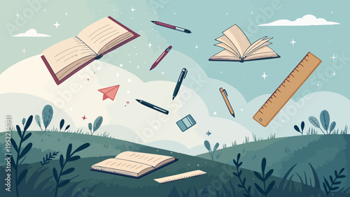 A colorful vector illustration of books, pens, and school supplies floating in the air above a green hill with a blue sky and white clouds.