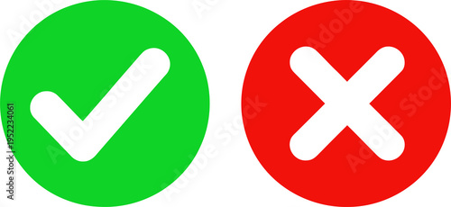 Quadro su tela Green circle check mark and red circle cross mark icons for choice validation an