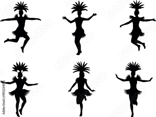 Set of tribal female dancer silhouettes in energetic poses with feather headdresses and grass skirts isolated on light background, cultural dance vector illustration collection