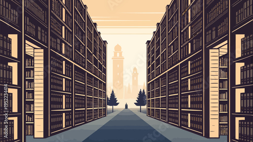 A vector graphic illustration of a city street lined with tall buildings and bookshelves