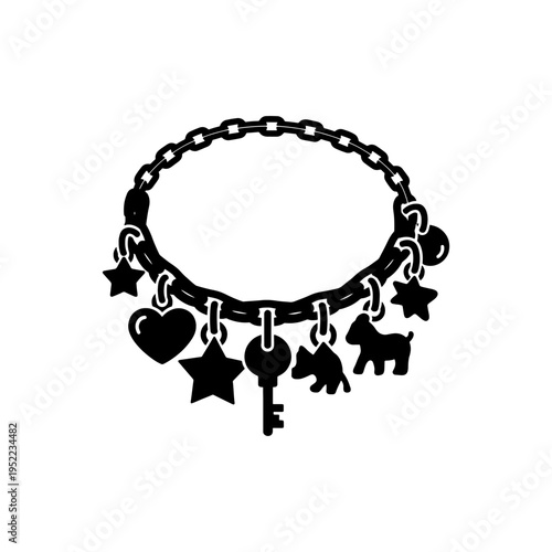 Photography A black and white illustration of a charm bracelet with various pendants present