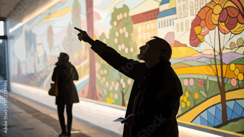 A man and woman admiring a vibrant mural in an urban setting