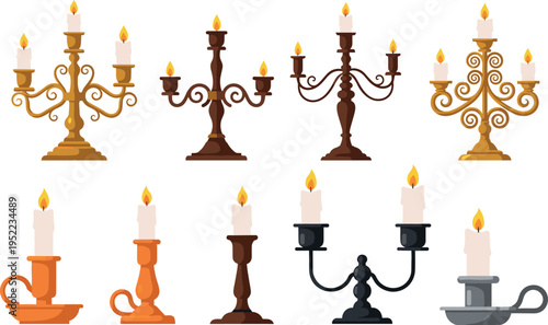 Vintage candle holders vector set with classic candelabras burning wax candles decorative antique lighting collection isolated on white background for interior design elements