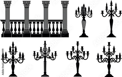 Vintage architectural column and candelabra silhouette collection classic decorative elements antique design luxury interior ornament vector illustration isolated on white background elegant style