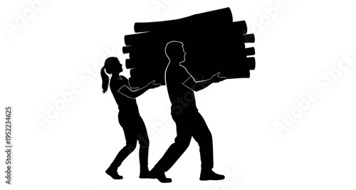 Couple carrying heavy load of lumber logs teamwork silhouette
