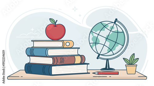 A colorful illustration of a desk with books, a globe, and school supplies