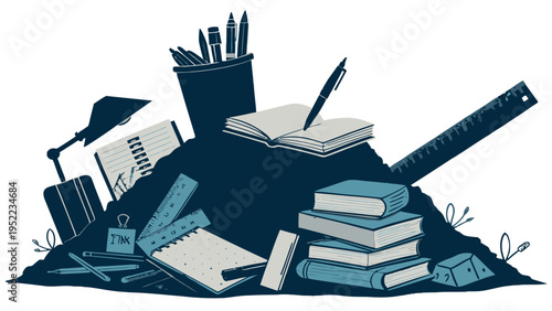 A vector graphic illustration of a pile of books, notebooks, and stationery items with a lamp and graduation cap on a white background