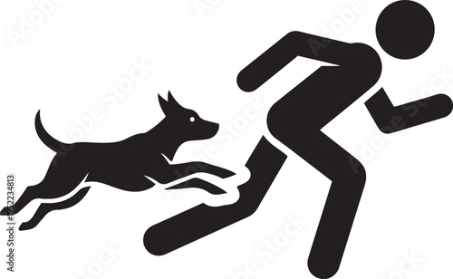 Black silhouette of a dog running after a person on a white background chasing