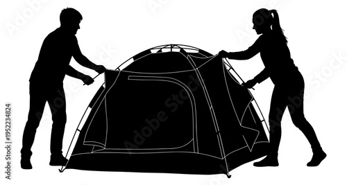 Couple setting up camping tent silhouette on white background outdoor activity
