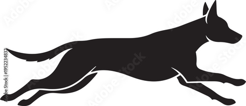 Black silhouette of a dog running with legs extended white