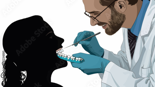 A dentist examines a patient's teeth with a dental mirror and tool in a clinical setting.