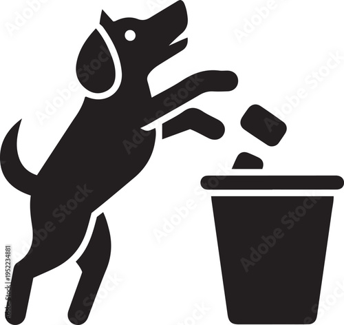 Black silhouette of a dog throwing trash into a bin black and white